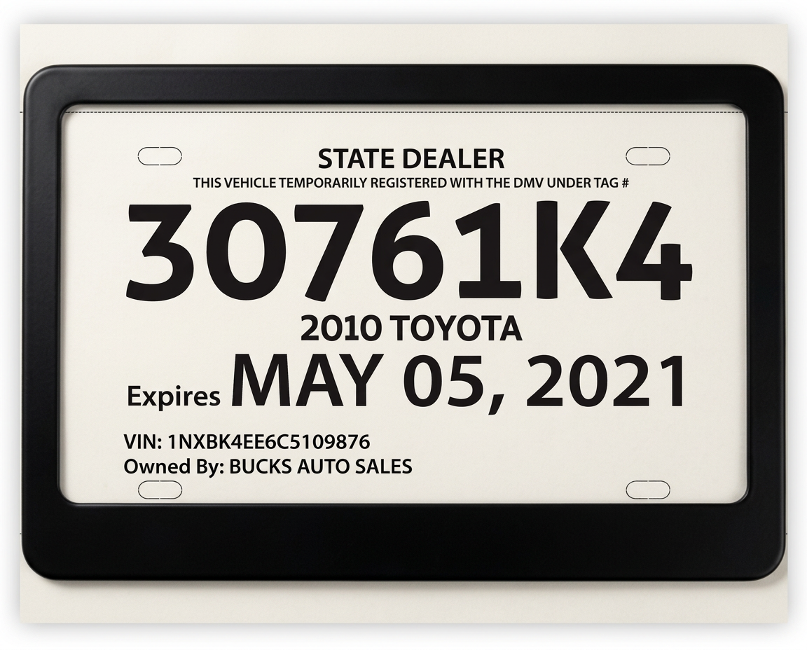 Printed temporary license plate tag in a black frame